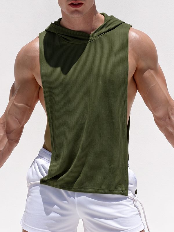 Men's Avant-Garde Resort Open Side Cutout Drawstring Hem Ribbed Sleeveless Hooded Tank SKUL78122