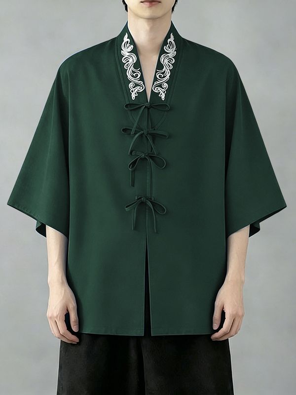 Men's New Chinese Style Print V-Neck Tie-Front Cardigan SKUL62028