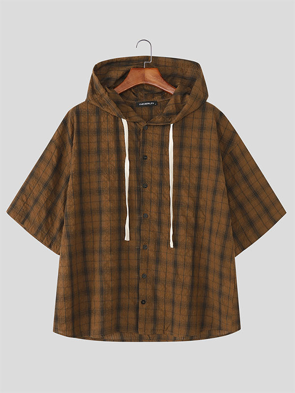 Mens Plaid Hooded Short Sleeve Shirt SKUL21113