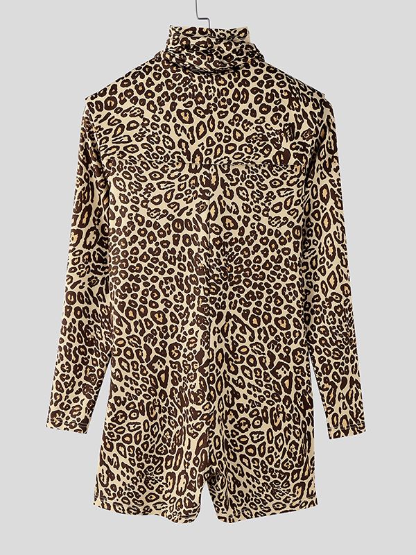 Men's Leopard Print Lapel Collar Zipper Long Sleeve Bodysuit SKUL45122