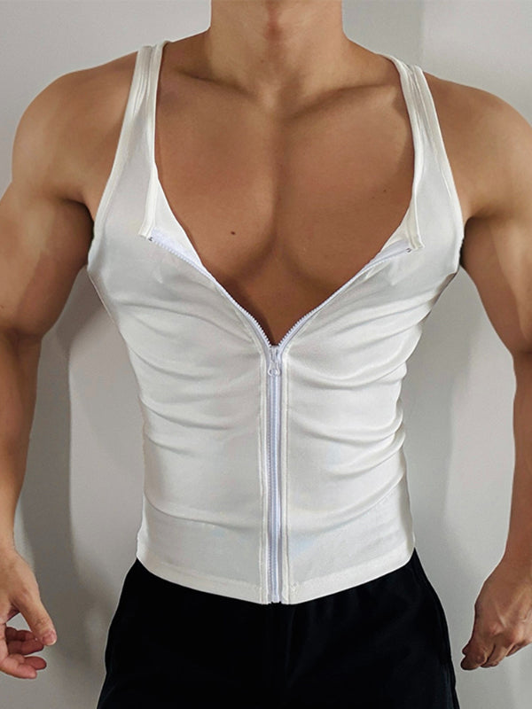 Mens Solid Color Textured Zipper Casual Tank SKUL18002