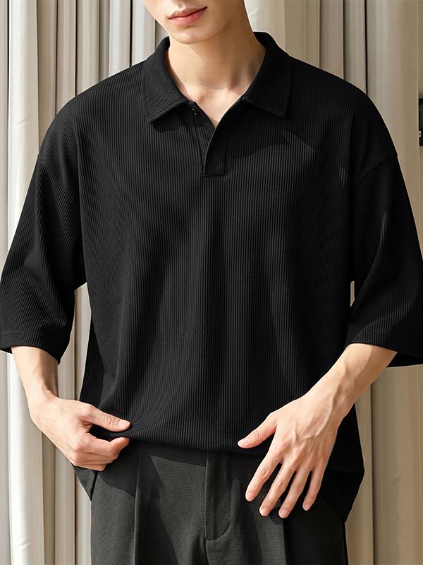 Men's Avant-Garde High-Street Deep V-Neck Ribbed Knit Polo Shirt SKUL74629