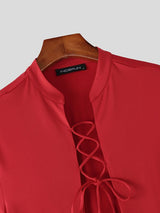 Men's Lace-Up Open Front Mandarin Collar Slim Fit Short Sleeve T-shirt SKUL57500