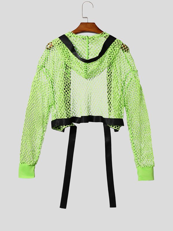Men's Clubwear Neon Fishnet Mesh Tie-Front Cropped Cardigan SKUL76399