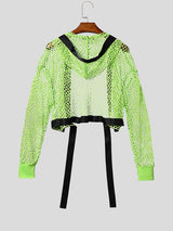 Men's Clubwear Neon Fishnet Mesh Tie-Front Cropped Cardigan SKUL76399