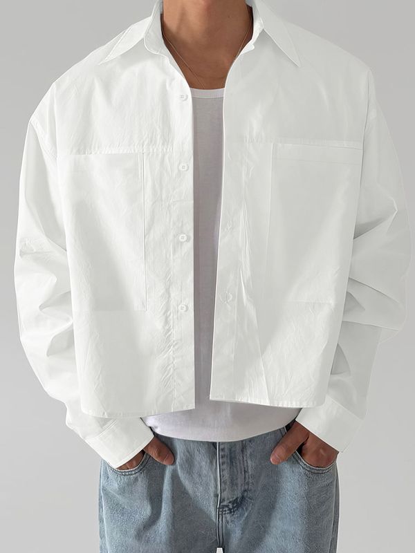 Men's Early Autumn Urban Casual Patch Pocket Boxy Fit Long Sleeve Turn-Down Collar Shirt SKUL81841