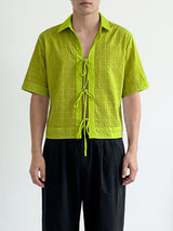 Men's Avant-Garde Lace-Up Front Cropped Windowpane Grid Short Sleeve Shirt SKUL63062