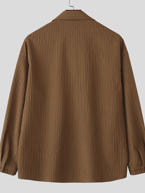 Men's Textured Drawstring Lapel Long Sleeve Shirt SKUL34969