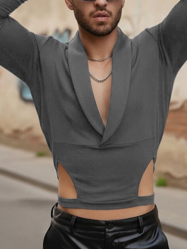 Men's Waist Cutout V Neck Long Sleeve T-shirt SKUL45203
