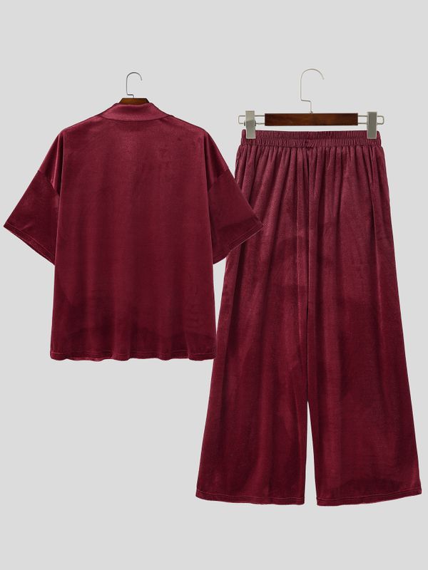 Men's High-Street Casual Oversized Velour Deep-V Two Pieces Outfit SKUL79071