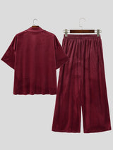 Men's High-Street Casual Oversized Velour Deep-V Two Pieces Outfit SKUL79071