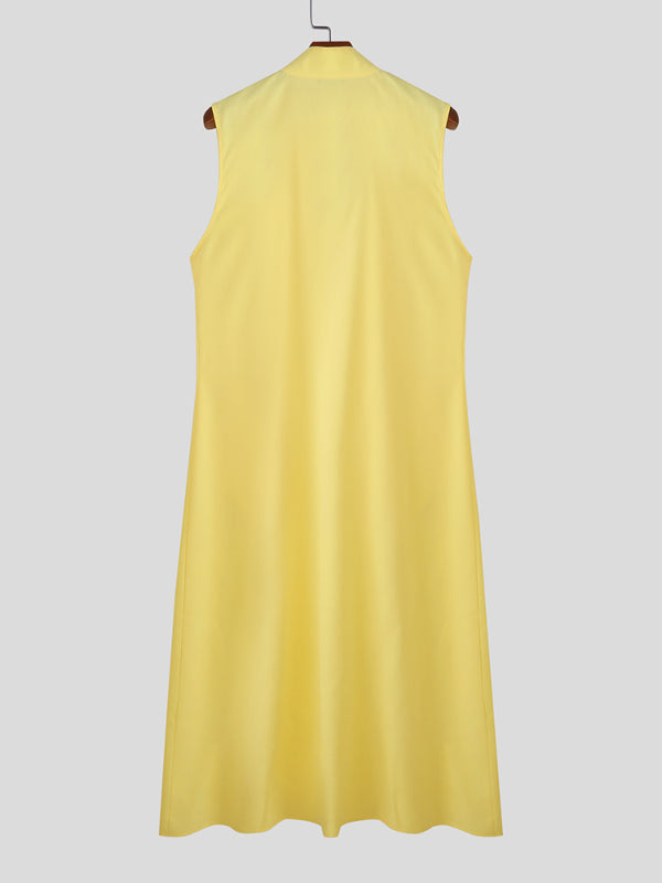 Mens Metal Buckle Patchwork Long Hem Sleeveless Cardigan SKUL23499