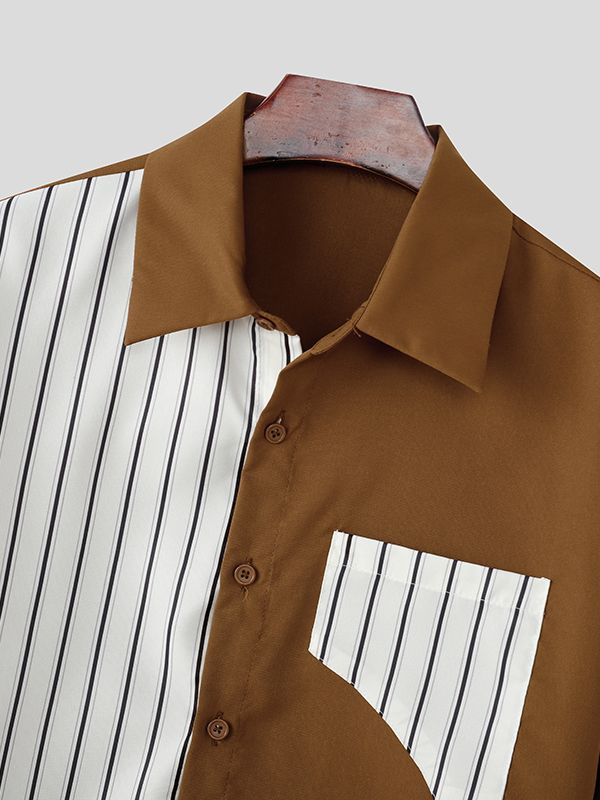 Men's Stripe Patchwork Contrast Color Cropped Short Sleeve Shirt SKUL41292