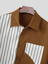 Men's Stripe Patchwork Contrast Color Cropped Short Sleeve Shirt SKUL41292