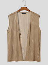 Men's Solid Color Textured Crochet Mesh Waistcoat SKUL55432