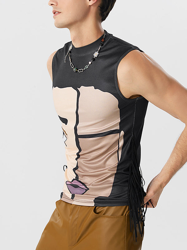 Mens Abstract Face Print Fringe Design Vest SKUK03266