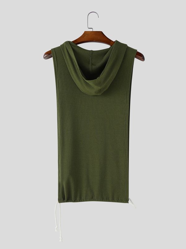 Men's Avant-Garde Resort Open Side Cutout Drawstring Hem Ribbed Sleeveless Hooded Tank SKUL78122