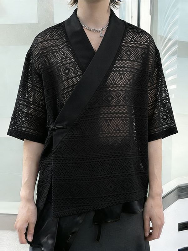 Men's Solid Color Lace Asymmetric Placket Half Sleeve Shirt SKUL56292