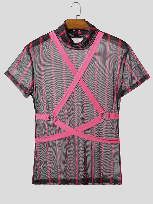 Men's Sheer Mesh Striped Short Sleeve T-Shirt SKUL24573