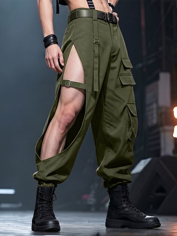 Men's Avant-Garde High Side Slit Cut Out Tactical Cargo Jogger Pant SKUL70351
