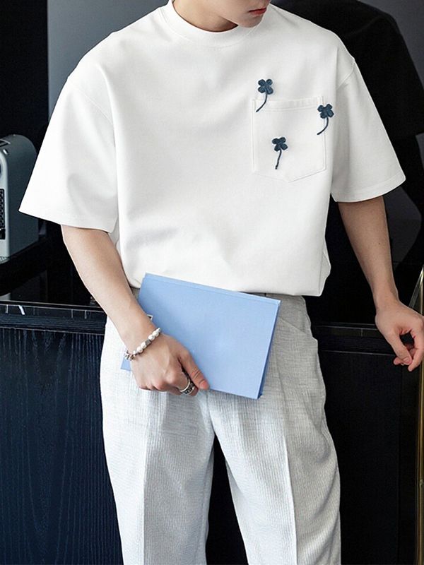 Men's Small Flower Embroidered Loose Short Sleeve T-Shirt SKUL38089