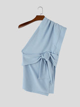 Men's Avant-Garde Asymmetrical One-Shoulder Side Tie-Knot Ribbed Texture Tank SKUL60919