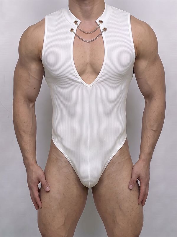 Men's Sexy Avant-Garde Nightclub Party Metal Chain Plunging Cutout Ribbed Bodysuit SKUL84567