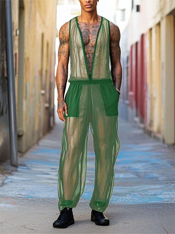 Mens Solid Color Sheer Mesh Jumpsuit SKUL11900