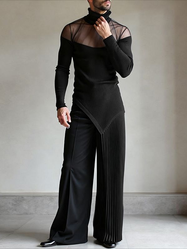 Men's Sheer Mesh Patchwork Knitted High Neck Long Sleeve T-shirt SKUL43804