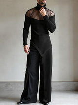 Men's Sheer Mesh Patchwork Knitted High Neck Long Sleeve T-shirt SKUL43804