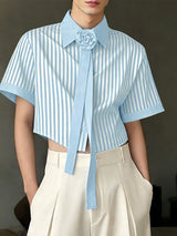 Men's Avant-Garde Cropped Pinstripe 3D Rose Necktie Shirt SKUL55388