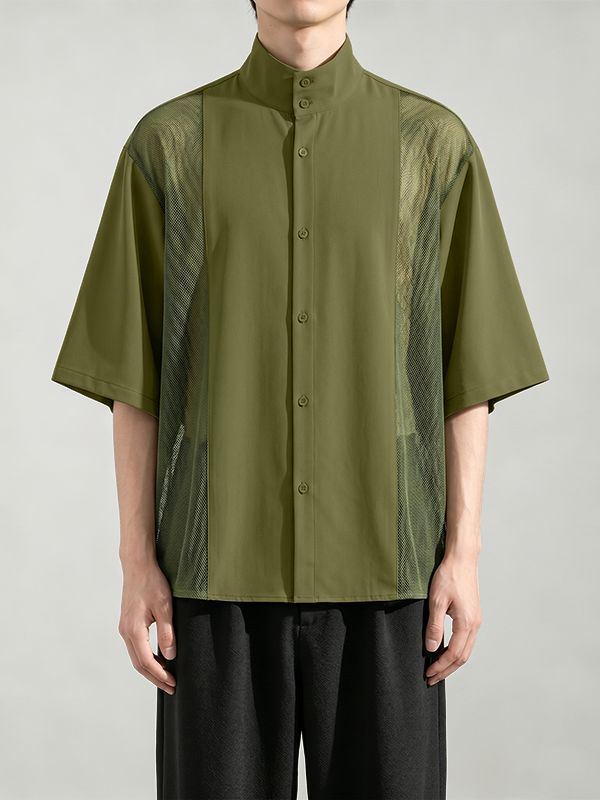 Men's Vintage Modern Chinese Mesh Patchwork Mandarin Collar Short Sleeve Shirt SKUL71303