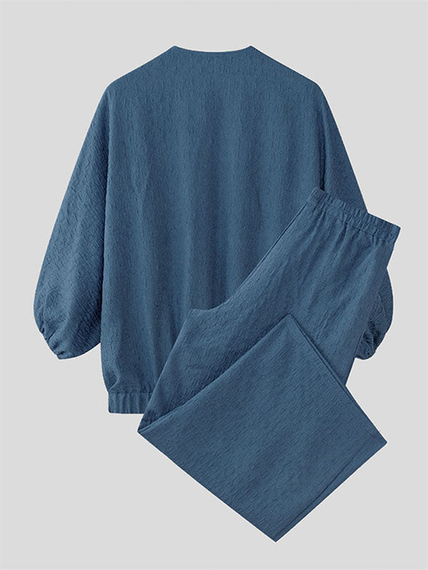 Men's Solid Color Textured V Neck Two Pieces Outfit SKUL54000