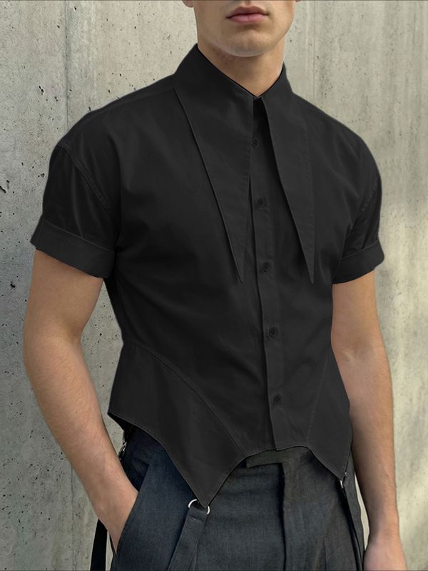 Men's Extra-Long Pointed Collar Asymmetrical Cropped Short Sleeve Shirt SKUL61699