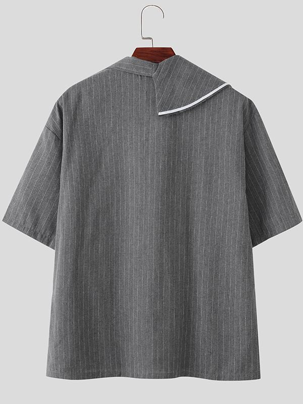 Men's Tassel Patchwork Stripe Asymmetric Collar Short Sleeve Shirt SKUL41086