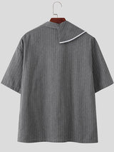 Men's Tassel Patchwork Stripe Asymmetric Collar Short Sleeve Shirt SKUL41086