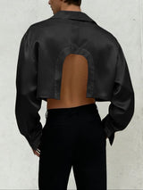 Men's Back Cutout Satin Cropped Long Sleeve Shirt SKUL47871