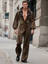 Men's Mesh Patchwork Leopard Print Long Sleeve Jumpsuit SKUL30648
