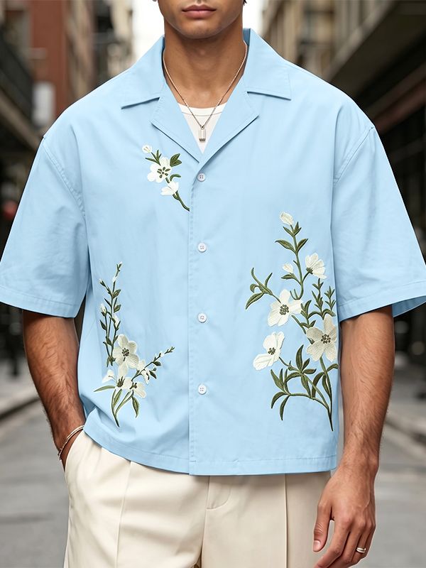 Men's Vintage Botanical Floral Embroidered Cuban Collar Relaxed Fit Short Sleeve Shirt SKUL72584