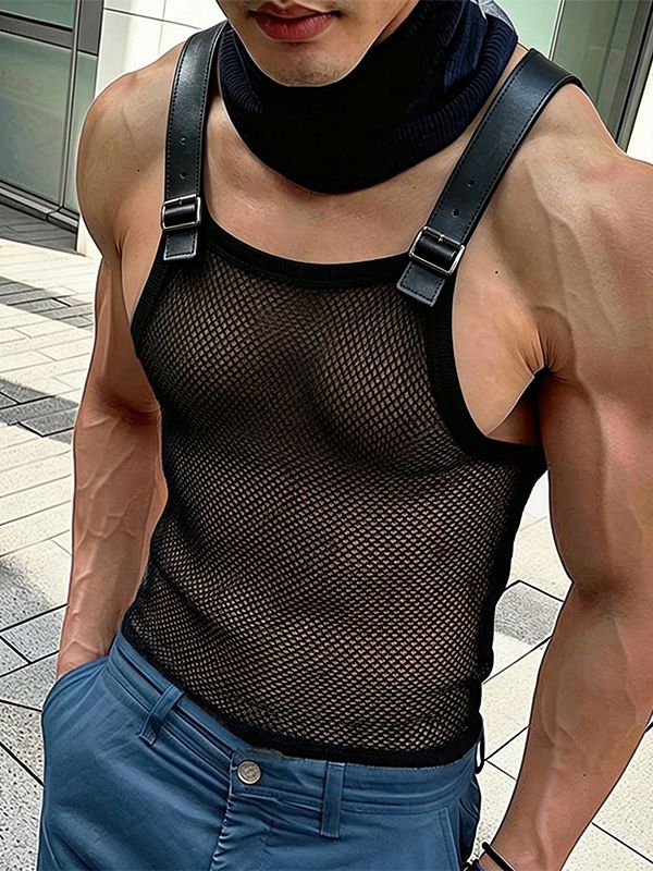 Men's Techwear Avant-Garde Adjustable Leather Buckle Strap Sheer Fishnet Mesh Tank SKUL63147