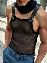 Men's Techwear Avant-Garde Adjustable Leather Buckle Strap Sheer Fishnet Mesh Tank SKUL63147