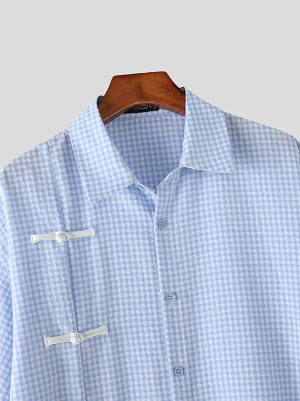 Men's Plaid Frog Button Short Sleeve Shirt SKUL56148