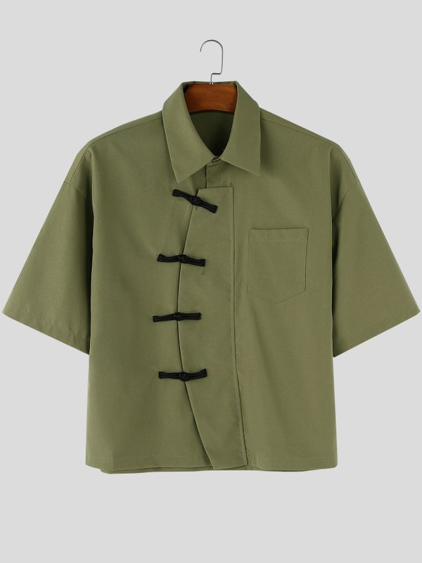 Men's Asymmetric Color Block Frog Button Loose Short Sleeve Shirt SKUL57095