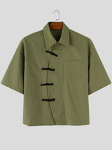 Men's Asymmetric Color Block Frog Button Loose Short Sleeve Shirt SKUL57095