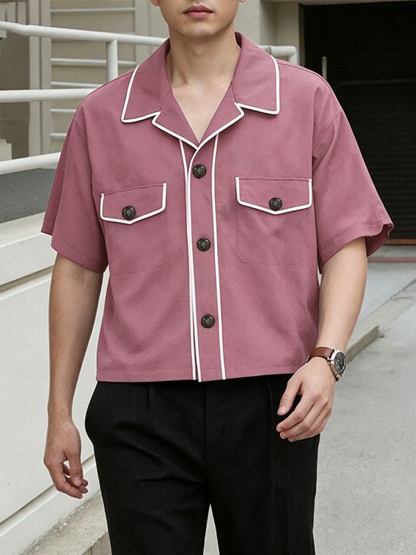 Men's Retro Camp Collar Piping Detail Boxy Short Sleeve Shirt SKUL60610