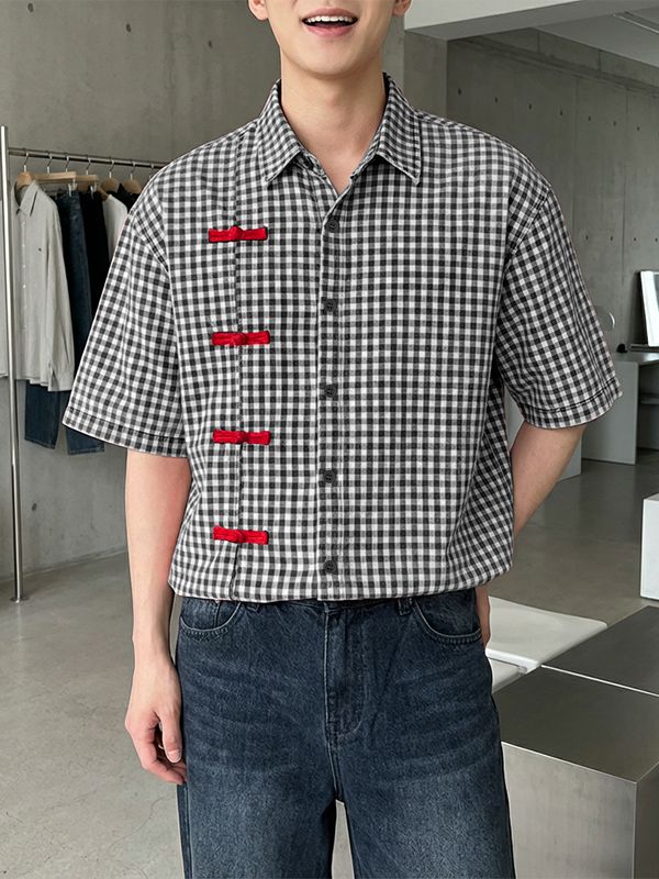 Men's Plaid Frog Button Short Sleeve Shirt SKUL56148