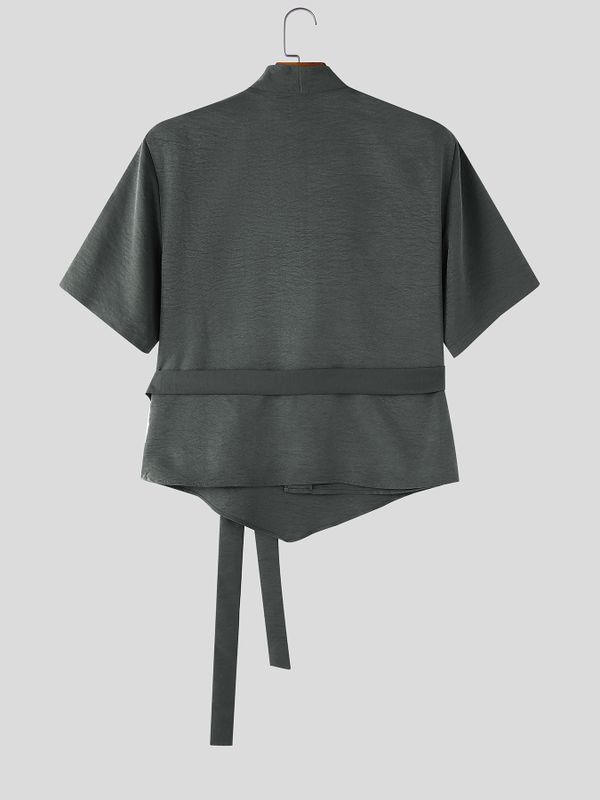 Men's Resort Wear Textured Kimono Wrap Short Sleeve Shirt SKUL78265