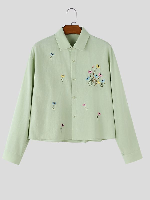 Men's Romantic Avant-Garde Floral Embroidered Boxy Cropped Long Sleeve Shirt SKUL78989