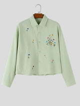 Men's Romantic Avant-Garde Floral Embroidered Boxy Cropped Long Sleeve Shirt SKUL78989