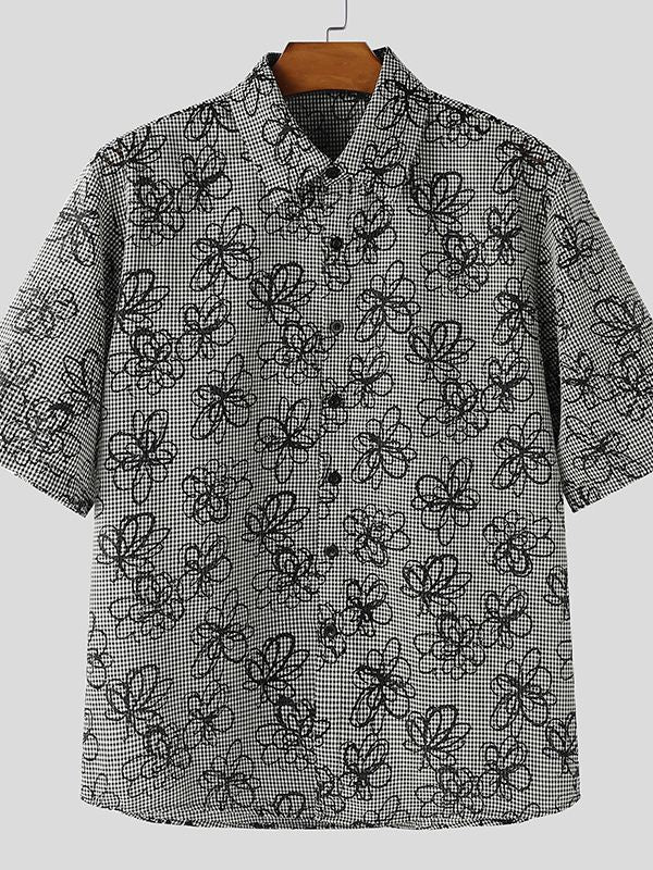 Men's Floral Print Plaid Short Sleeve Shirt SKUL51064